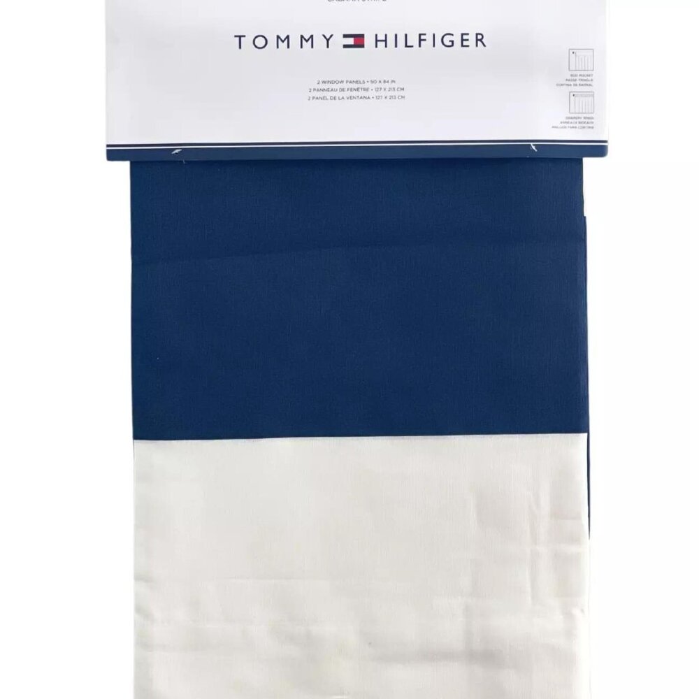 Tommy Hilfiger 50 x 84" TWO Navy Cabana Stripe Rod Pocket Window Curtains Panels